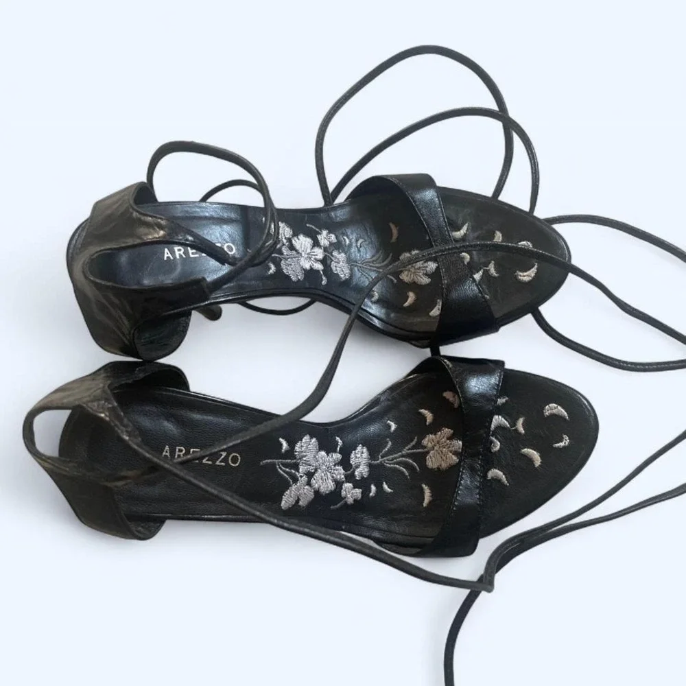 Arezzo black strappy leather Y2K heels with floral embroidered soles size 4 - Picture 7 of 7